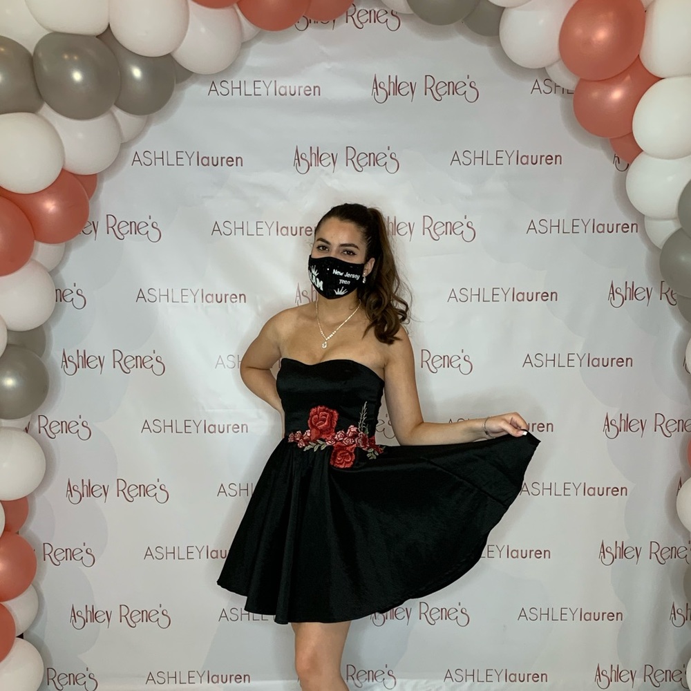 Black Strapless Cocktail Dress with Rose Appliqué